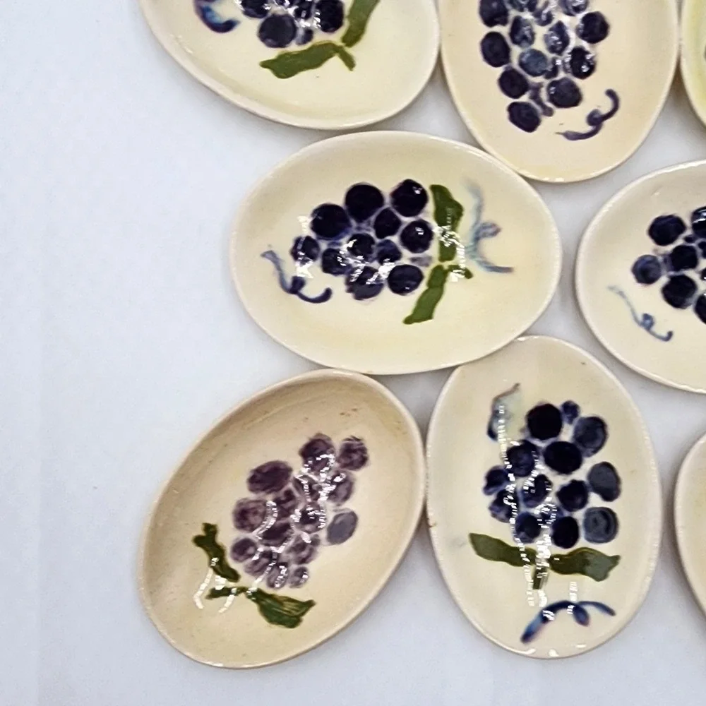 Vintage Hand Painted Ceramic Salt Cellars Purple Grapes Trinket Dishes Lot of 8